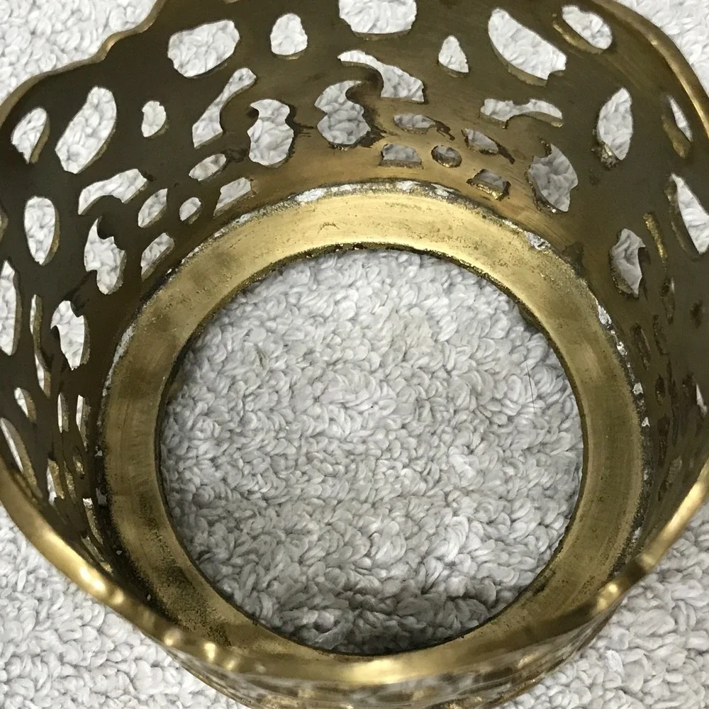 Vintage Brass Glass Votive Candle Holder Filigree Open Work Footed Sleeve India